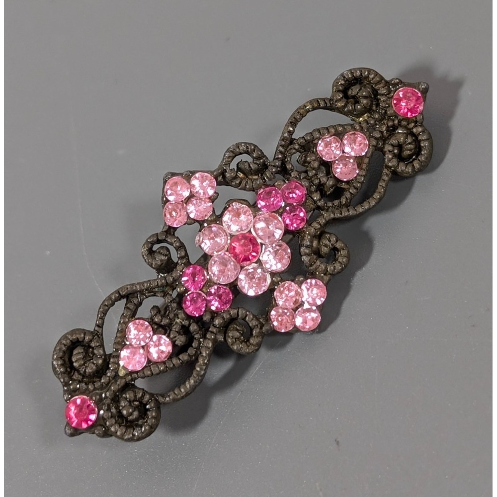 Retro Bronze Tone Pink Rhinestone Flower Bar Brooch Vine